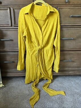 On Blue Yellow Textured Tie-Front Shirt Dress